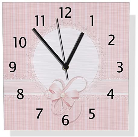 Wallario Design Wanduhr Geschenkkarte, Bänder, Spitzen und Schleifen in rosa aus Aluverbund, Alu-Uhr Größe 30 x 30 cm, Schwarze Zeiger mit Metalloptik