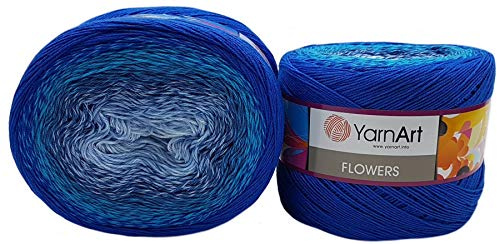 2 x 250g Ilkadim Export Flowers Bobbel Wolle Mehrfarbig, 55% Baumwolle, 500g Bobble Strickwolle mit Farbverlauf (blau türkis 299)