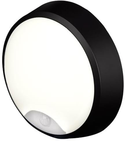 4lite Pylus Outdoor Round Wall Light (Black) 1100lm Motion Sensor Bulkhead IP54 LED Integrated Exterior Light - 4L2/3214/PIR - 4Yr Guarantee
