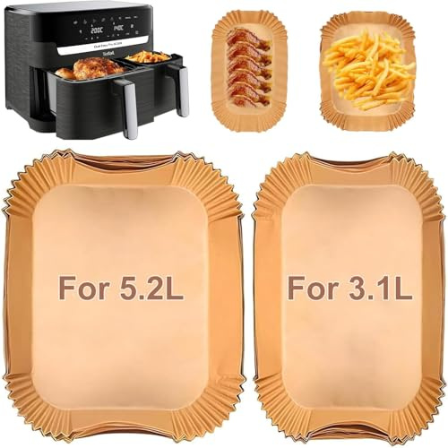 YJDM Airfryer - Papel de horno para Philips Dual Basket 3000 serie 6L/3L, Tefal EY9018 Easy Fry 5,2/3,1 L, 100 unidades de papel para freidora de aire caliente EY905D 5,2/3,1 L