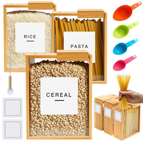 Threehoney 3 Bamboo Cereal Dispenser 75 Oz/ 2.2 l Kitchen Food Storage Containers with Measuring Cups for Airtight Pantry Organization and Storage Container Cereal Rice Flour Snack Nuts Grains