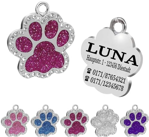 Ibera gifts - Hundemarke mit Gravur und personalisierte Hundemarke in Pfotenform, perfekt für kleine bis mittelgroße Haustiere (Strass/Pink)