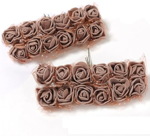 Anevous 24 Stück Künstliche Schaumrosen mit Stiel, 2cm Kunstrosen Blumenköpfe, Deko Blumen Schaum Rosenstrauß, Kunstblumen Rosen Basteln für Basteln Party Hochzeit Brautstrauß,Braun