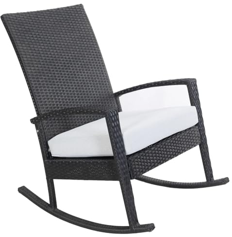 Ogarden Schaukelstuhl Rocking Chair, Aluminium Poly Rattan Outdoor Schaukelstuhl, Schaukelsessel mit Kissen, für Garten, Terrasse, Balkon, Relaxsessel Gartenstuhl (Schwarz - Hellgrau Kissen)
