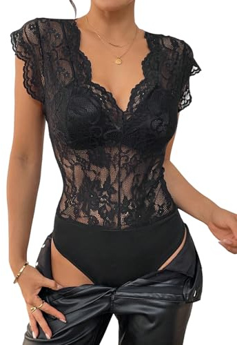 GORGLITTER Damen Body Elegant Spitzenbody Flügelärmel Spitzen Bodysuit Oberteil Durchsichtig Bodys Blusebody Dirndlbody mit V-Ausschnitt Schwarz L