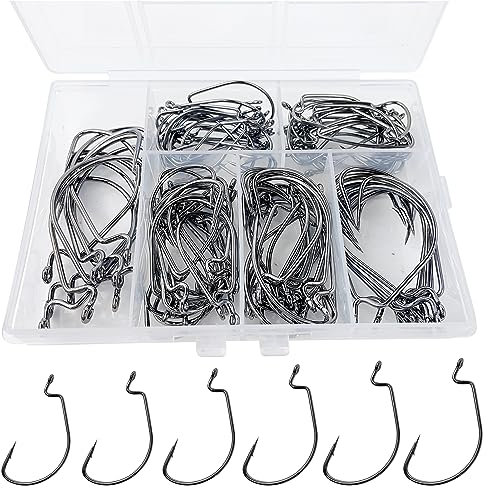 L PATTERN Angelhaken Set, 101PCS Offset Haken mit öse, Kohlenstoffstahl Angeln Haken Kit mit Kunststoff Box High Carbon Stahl Angelhaken 6 Größen