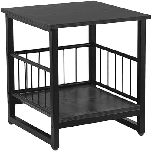End Table, Industrial Side Table with 2-Tire Storage Shelf, 180LBS Mini Fridge Stand with Adjustable Feet, 18x18 Wood Night Stand Small Bedside Table with Sturdy Metal Frame for Living Room Bedroom