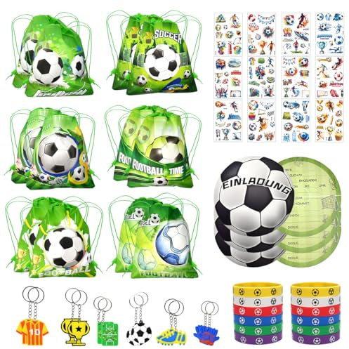 Byfoyif 60PCS Artículos de Fiesta Fútbol Cumpleaños Niños, Piñata Futbol Cumpleaños, Incluye 12 Bolsas,12 Llaveros, 12 Pulsera, 12 Tatuajes Temporales y 12 Tarjetas para Fiesta (Set A)