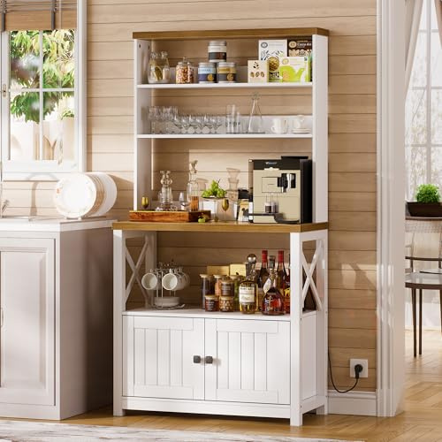 MSFE Küchenschrank mit Arbeitsplatte, Buffetschrank mit Steckdosenleiste, Hochschrank Küchenbuffet, Sideboard Weiss, Esszimmerschrank, Großer Stauraum, für Küche Wohnzimmer, Esszimmer