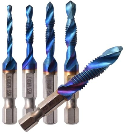 MoSundi Lot de 5 tarauds métriques HSS pour tarauds M3-M8, tarauds à tige hexagonale de 1/4 avec cannelures en spirale, pour percer et tarauder sur métaux mous, aluminium, fer