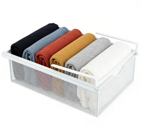 BREEZENEST Metal Mesh Drawer Organizer No-Punch Iron Hanging Storage Box with Pull-Out Design for Bras Underwear Socks Under Shelf Storage Basket for Kitchen Office Wardrobe Cabinet (White)