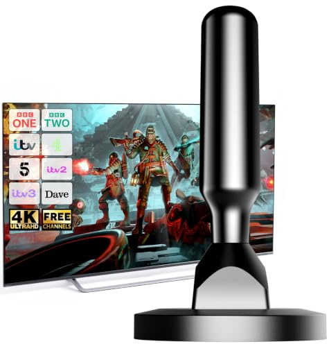 Indoor TV Aerial with Magnetic Base Digital TV Aerial Indoor for Smart TV, 360° Reception, Compatible with All Televisions, Supports 4K 1080P, 5m Coaxial Cable