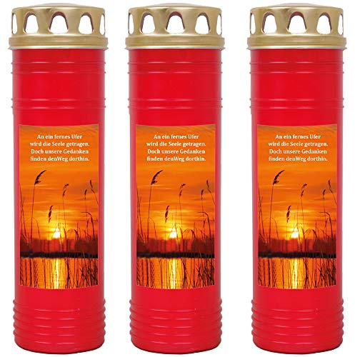 HS Candle Grabkerze - 3er Pack - (Rot) Grablicht ca. 7 Tage Brenndauer je Kerze - Motiv: Ufer