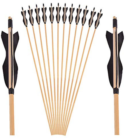 SHARROW Holzpfeile für Bogenschießen 31 Zoll Jagdpfeile Pfeile für Bogen mit 5 Zoll Naturfedern Pfeile Holz in Handarbeit, ohne Pfeilspitze (Schwarz, 12 PCS)