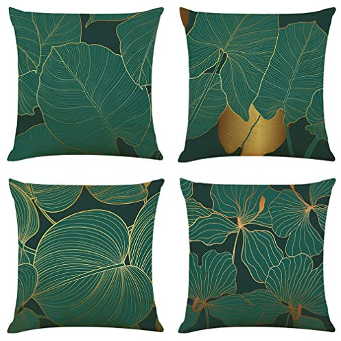 NIULAA Kissenbezug 40x40 4er Set Dunkelgrün Gold Deko Kissen Kissenhülle Dekokissen Natur Landhausstil Dekorative Sofakissen Leinen Kissenbezüge mit Motiv für Sofa Couch Wohnzimmer