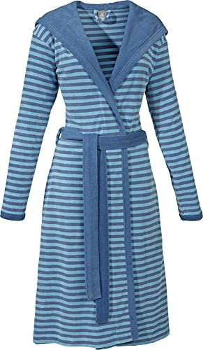 Erwin Müller Leichtfrottier Damen Bademantel mit Kapuze Bernstadt blau-dunkelblau Größe 44/46|Leichter Morgenmantel|Saunamantel|mit Bindegürtel und Zwei Taschen