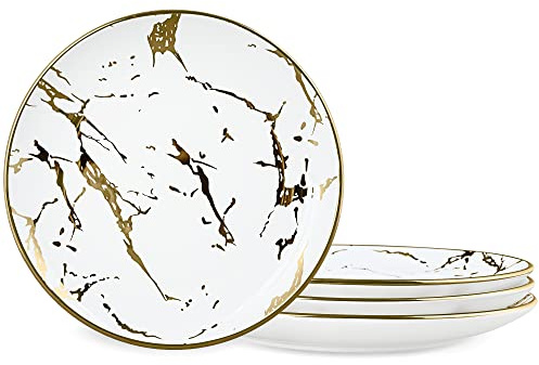 fanquare 25cm Gold Marble Dinner Plates Sets of 4, Ceramic Large Dinner Plates, White Dinner Service Set for Household, Picnic