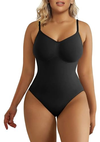 SHAPERX Bodysuit for Women Seamless Body Shaper Tummy Control Shapewear Thong Adjustable Strap, UK-SZ5215-Black-XXS/XS