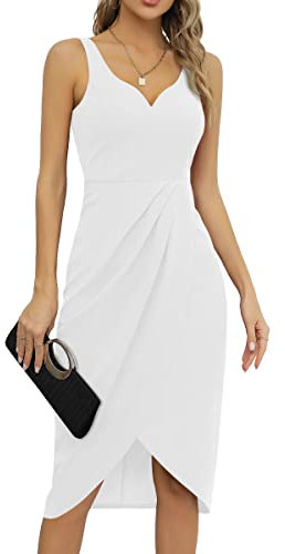 Missufe Vestido de cóctel elegante para mujer, vestido de fiesta, estilo rockabilly, ceñido, vintage, cruzado, Blanco, XL
