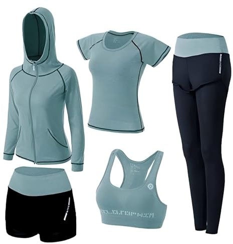 Lengender Träningsoverall för dam sportkläder 5 delar sportdräkter gym yoga sport fitness jogging träningsoverall sportkläder, Färg: grön, 3XL