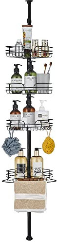 DUFU Teleskop Duschregal Metall Eckregal mit 4 Körben Rutschfestes Stabiles Bad Badregal Ohne Bohren Höhenverstellbar 73-265cm für Dusche und Badewanne Schwarz
