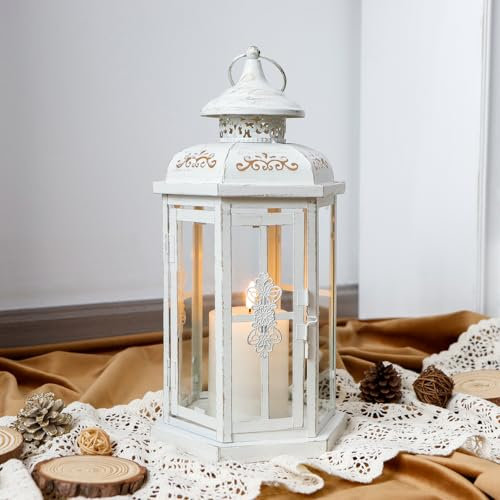 JHY DESIGN Decorative Lantern 30cm High Outdoor Candlesticks Vintage Metal Candle Holder for Indoor Outdoor, Parities and Weddings(White with Gold Brush)