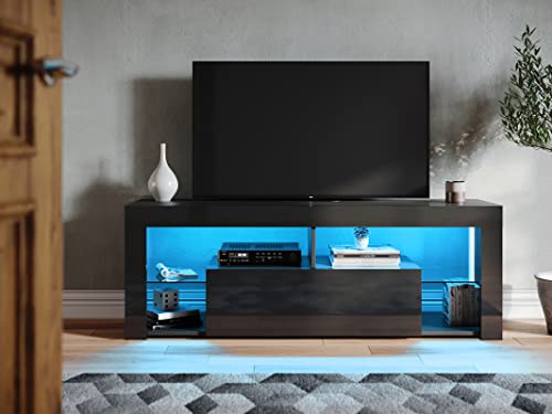 SONNI TV-skåp med LED (16 färger) glasgolv högglans svart 140 x 35 x 50,5 cm