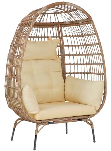 Oversized Egg Chair Outdoor Wicker Egg Chair 352lbs Capacity Outdoor Lounge Chair All Weather PE Rattan Patio Chair with Removeable Thick Cushions for Patio Balcony Backyard Garden Indoor, White