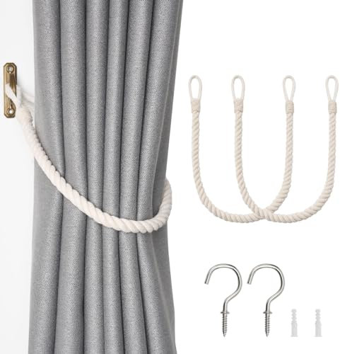 Pretty Jolly 2 Pack Natural Cotton Rope Curtain Tiebacks Boho Rustic Style Decorative Drape Tie Backs Elegant Hand-Woven Rope Curtain Holdbacks with Metal Hook for Home & Office Drapery (Cotton-Beige)