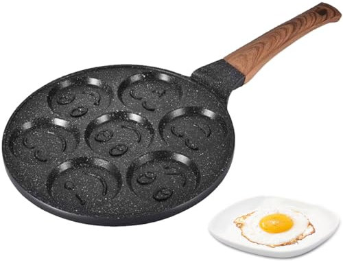 ZPRMMN Smiley Face Pancake Pan, Pancake Frying Pan Non Stick, 7 Holes Mini Pancake Maker for Kids, Crepe Pan 26cm
