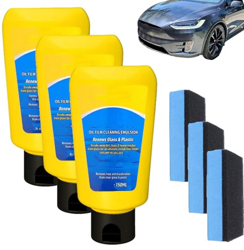 Glass Oil Film Remover, Car Coating Spray Oil Film Cleaning Emulsion Glass Cleaner, Glass Film Removal Cream with Sponge (3pcs)