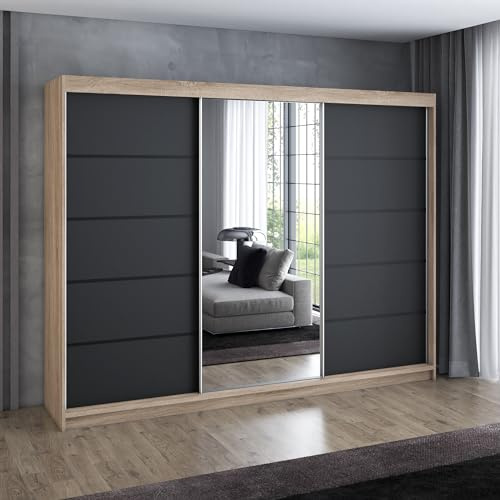 A&J MöbelLand Schwebetürenschrank VILUNO 2 Kleiderschrank 3-türig 200 cm mit Spiegel, 4 Schubladen & 2 Kleiderstangen, Geräumiger Schlafzimmerschrank (Sonoma/schwarz)