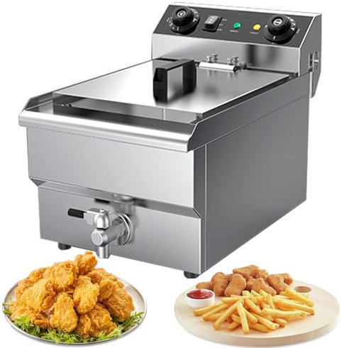 Deep Fat Fryer 16 Litre, 6000W Fryers Easy Clean, Stainless Steel Fryer, Chip Pans with Basket and Lid, Temperature Control, Non-Slip, Commercial Double Frying Machine for Chips French Fries -8L