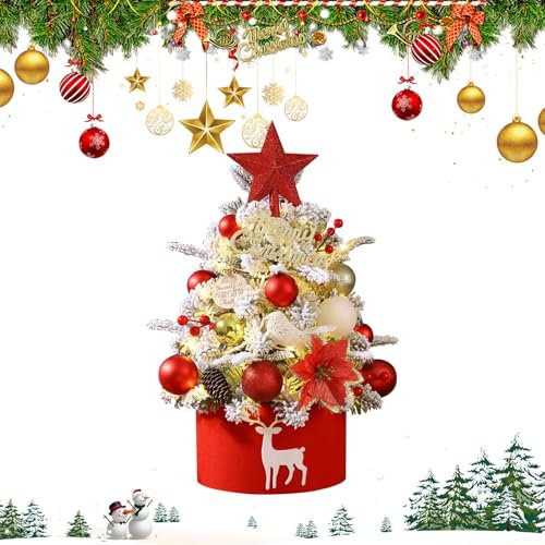 Longzhuo Mini Albero di Natale da Tavolo 45 cm,Piccolo Albero di Natale con Luci,Albero di Natale Floccato,Albero di Natale Piccolo da Tavolo,Albero di Natale Luminoso per Decorazione di Natale
