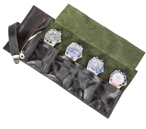 Rouleau de rangement pour montres en cuir véritable avec 6 emplacements, étui de voyage vintage (café foncé, 4 emplacements)