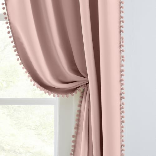 Melodieux Pinke Pompom-Verdunkelungsvorhänge für Wohnzimmer, Schlafzimmer, niedliche Kinderzimmer-Vorhänge, Boho-Verdunkelung, 2 Paneele, elegante Baumwolle, strukturiert, wärmeisoliert, Vorhänge für