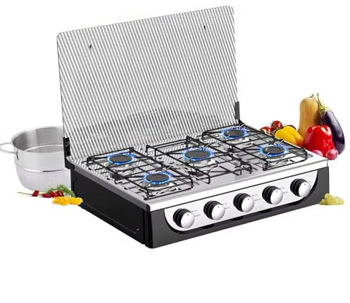 HLGKBY Fornello da Campeggio a Gas Portatile a 5 fuochi, Accensione Automatica, Controllo della Temperatura, Materiale Ferro e Alluminio, Alimentato a GPL