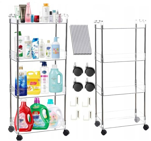 Hooha Rollwagen 4 Ebenen Aufbewahrungswagen mit Rollen Allzweckwagen für Küche/Bad/Wäsche/Büro/Schlafzimmer Kleine Nichenregal 102cm×35cm×12cm Schmale Plätze&Wagen Beistellwagen&Putzwagen Transparent