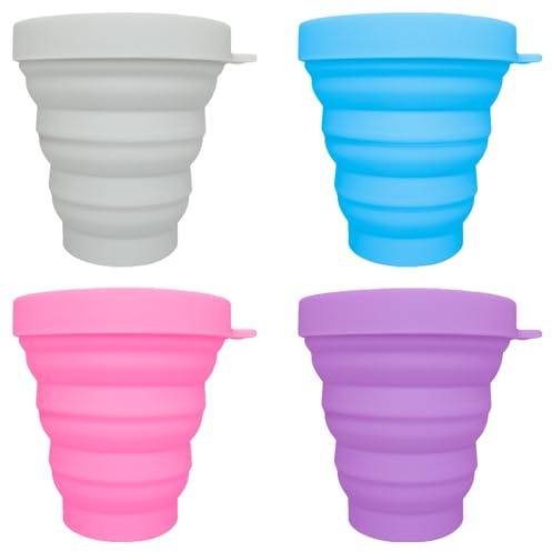 LoNinLoAn Lot de 4 gobelets pliables en silicone avec couvercle, sans BPA, réutilisables, pour pique-nique, camping, randonnée, voyage (gris, bleu, rose, violet)