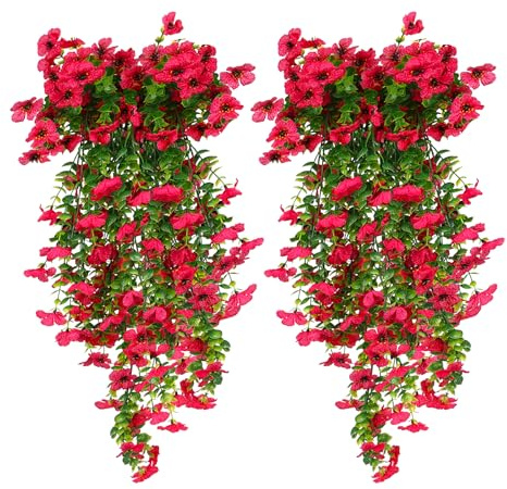 HBell 4Pcs Artificial Hanging Flowers,UV-Resistant Fake Hanging Plants Flower Bouquet Hang Vine Plants Drooping Plant for Wall Home Garden Yard Patio Wedding Indoor Outdoor Decoration (Rose Red)