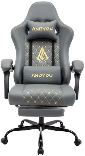 Andyou Sedia Gaming, Sedia da Ufficio Ergonomica, Sedie da Corsa Per PC, Pelle PU, Ampia Sedie Operativa Girevole Regolabile con Poggiapiedi, Carico 150 kg, Gray