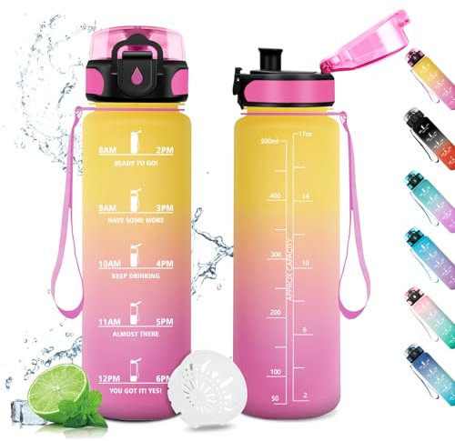 KollyKolla Borraccia 500ml, Borraccia con Filtro, Bottiglia Acqua a Prova di Perdite,con indicatore Orario, Borracce per Bambini, Bici, Scuola, Fitness, Sport, Gym, Yoga