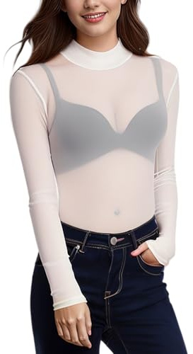 Mesh Top Femme, Sexy Festival Top Femme Transparent Filet Haut Transparent Tulle Haut Casual Manches Longues pour Clubwear Fête (FR/ES, Alpha/Lettres, L, Taille Normale, Taille Normale, Blanc)
