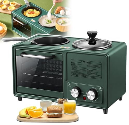 HEGGMKK 4 in 1 Breakfast Station, Multifunction Breakfast Station, with 1.2L Pot, Non-Stick Frying Pan, 8L Large Capacity Oven, Removable + Easy to Clean, for Home Kitchens,Green