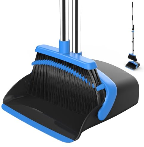 NACENA Broom and Dustpan Set, 52-in Long Adjustable Handle Broom Dustpan Combo with Dustpan Teeth to Automatically Clean Hair Suitable for Home Kitchen Office Hall Floor（Black&Blue）