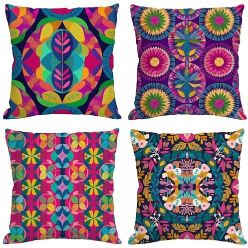 Kissenbezug 70x70 cm Boho Outdoor Kissen Wetterfest Leinen Kissenbezug Hell Kissen 4 Stück Dekokissen Doppelseitiger Gedruckte Kissenhüllen für Gartenkissen Sofa Patio Stuhl Auto Outdoordeko m-39