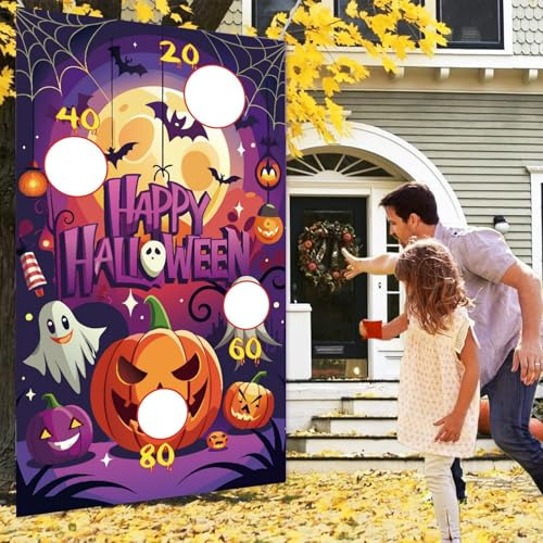 Halloween Toss Spiele, Kürbis werfen Spiele hängenden Banner mit 3 Bohnensäcke für Halloween-Thema Party Supplies Dekorationen im Freien Karneval Cornhole für Erwachsene Teens