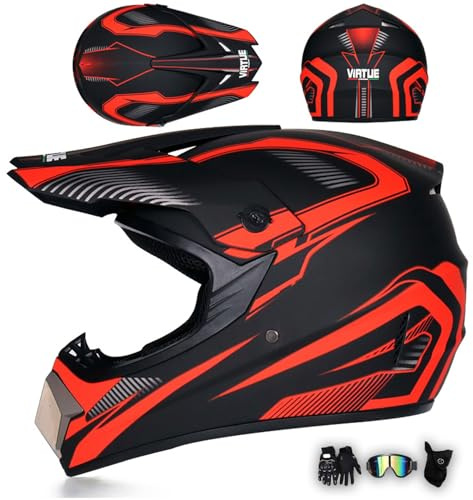 Casco De Motocross ECE Casco Integral Mujer Hombre Casco De Moto Casco Cross con Gafas Guantes Máscara, Casco Descenso para ATV MX Enduro Quad BMX MTB,Red~3-XXL