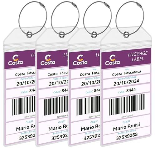 Costa Cruise - Portaetiquetas de equipaje [4 unidades] - Impermeable, duradero con bucles de acero - Se adapta a todos los barcos Costa Cruise para cruceros en 2025, 2026 y 2027 - Cruise Essentials