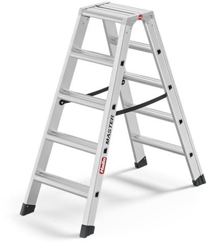 Hailo Master D100 Aluminium Doppelstufenleiter – beidseitig begehbare Stufenleiter - breite Rutschhemmende Stufen - große Abstellfläche - 2 x 5 Stufen - EN 131 geprüft - belastbar bis 150 kg